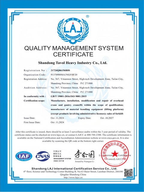 Certificat de gestion de la qualit&eacute; de l"industrie lourde Tavol 