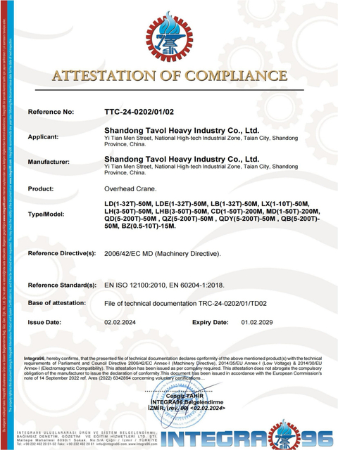 Certificat CE pour ponts roulants
